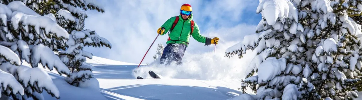 Skieur sur neige fraîche en vacances à la montagne
